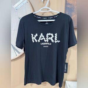 NEW Karl Lagerfeld Tee with Floral Embellished Logo Size Large Black& White